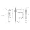 Fechadura de embutir trinco Sofima 916, ferro, testa cantos redondos inox escovado, distância testa á broca 60, quadra 8 mm