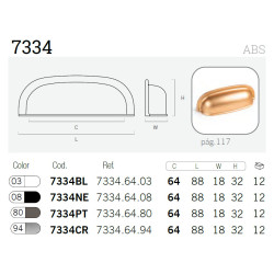 Puxador clássico, concha curva Nesu 7334NE, ABS preto, 2 furos distância 64, C.88 x P.18 x A.32 mm