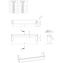 Puxador atual, asa larga TULIP Lacata 160/170, alumínio imitação inox, 2 furos distância 160, L.20 x A.33 x C.170 mm