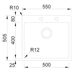 Lava louça RODI BOX LUX 57, uma pia sem escorredor, inox escovado, aplicação superior ou á face (B), 550 x 505, MOD.600 mm
