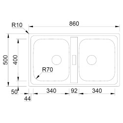 Lava louça RODI OKIO LINE 86 BB, duas pias sem escorredor, inox polido, encastrar, 860 x 500, MOD.900 mm