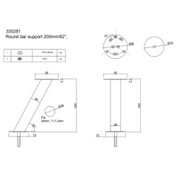 Suporte de prateleira coluna inclinado tubo redondo p/balcões STRONG StrongWire 335281, inox, 62º, Ø.38 x A.200 mm